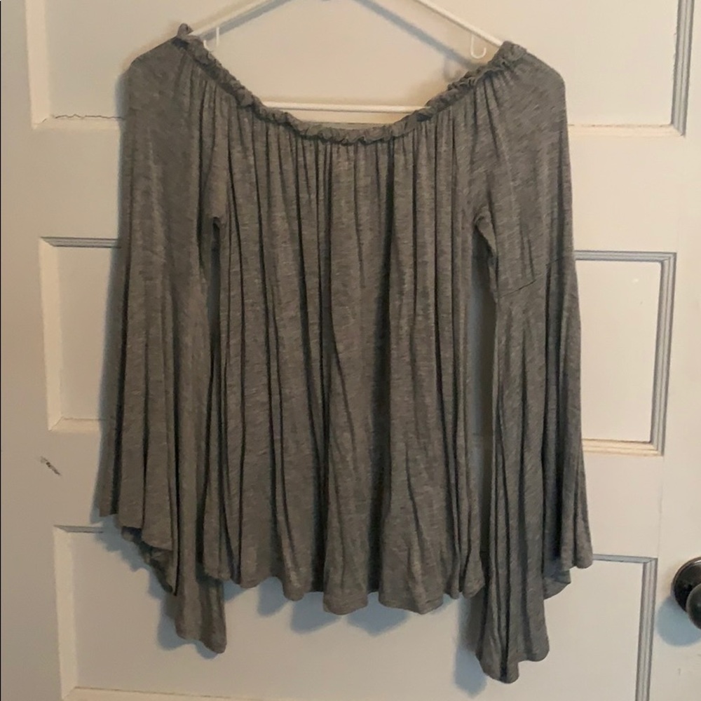 Gray off the shoulder long sleeve shirt
